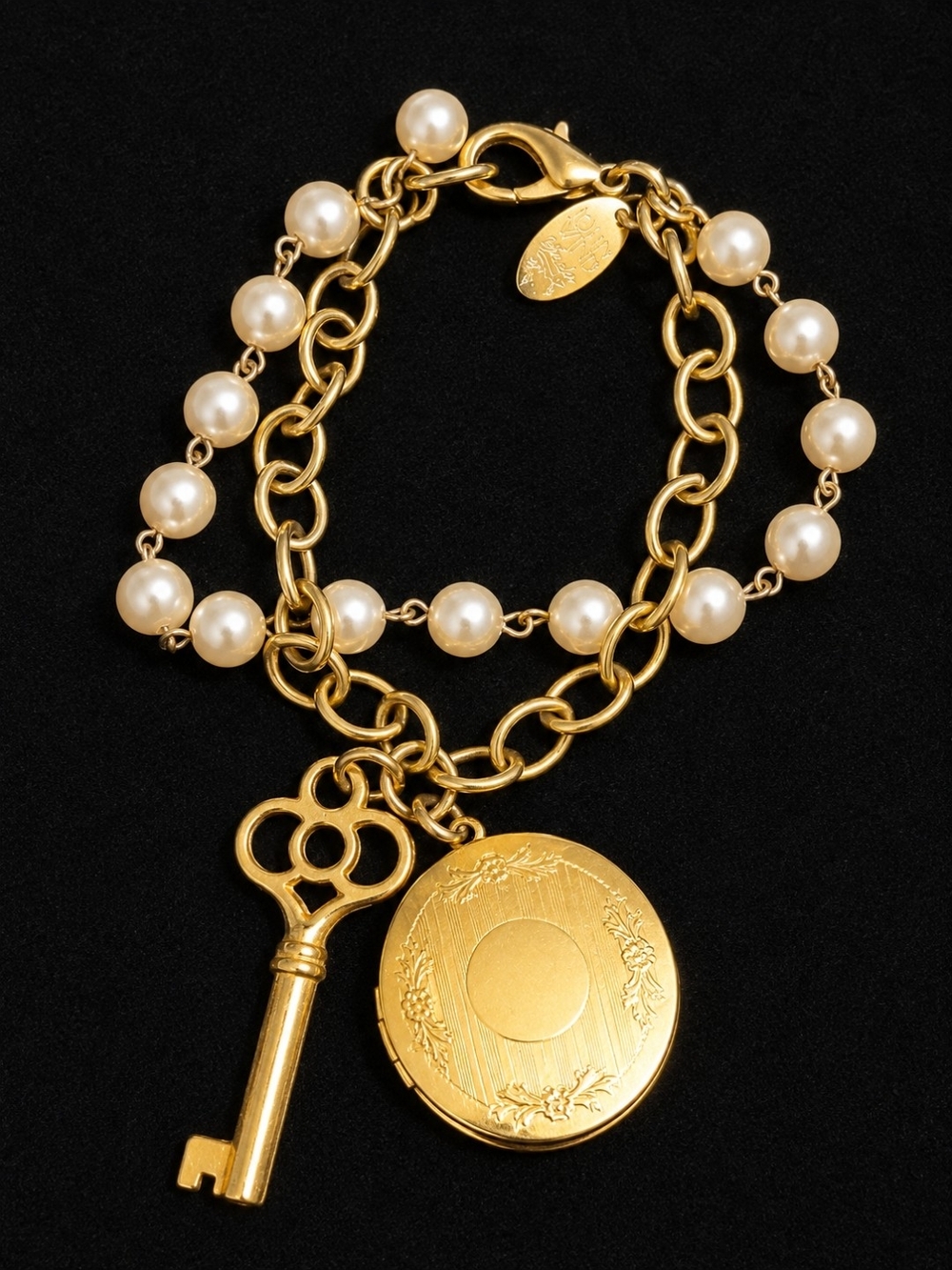 Vintage JOHN WIND Maximal Art Pearl Double Strand Locket Key Charm Bracelet